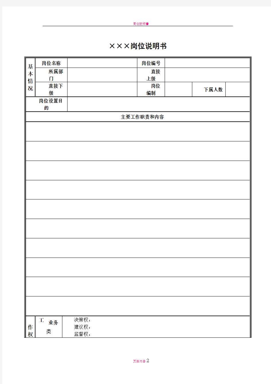 岗位说明书范本表格