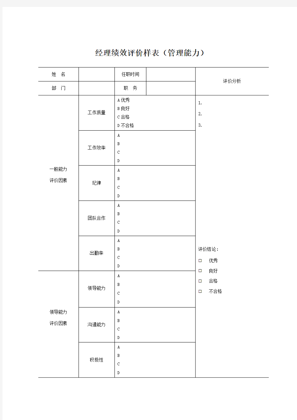 经理绩效评价样表管理能力