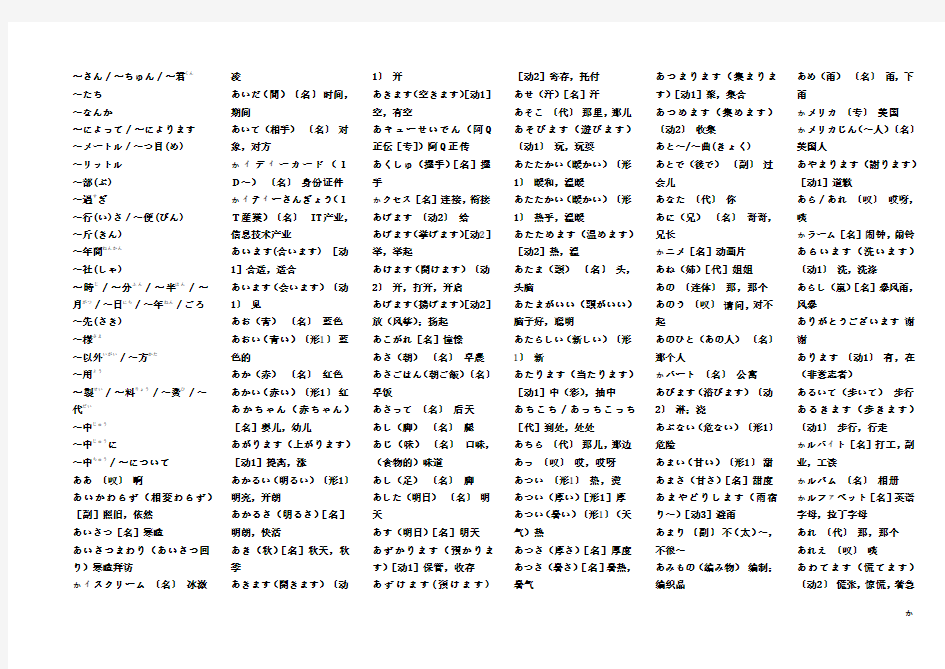 新版中日标准日语初级单词假名顺序表