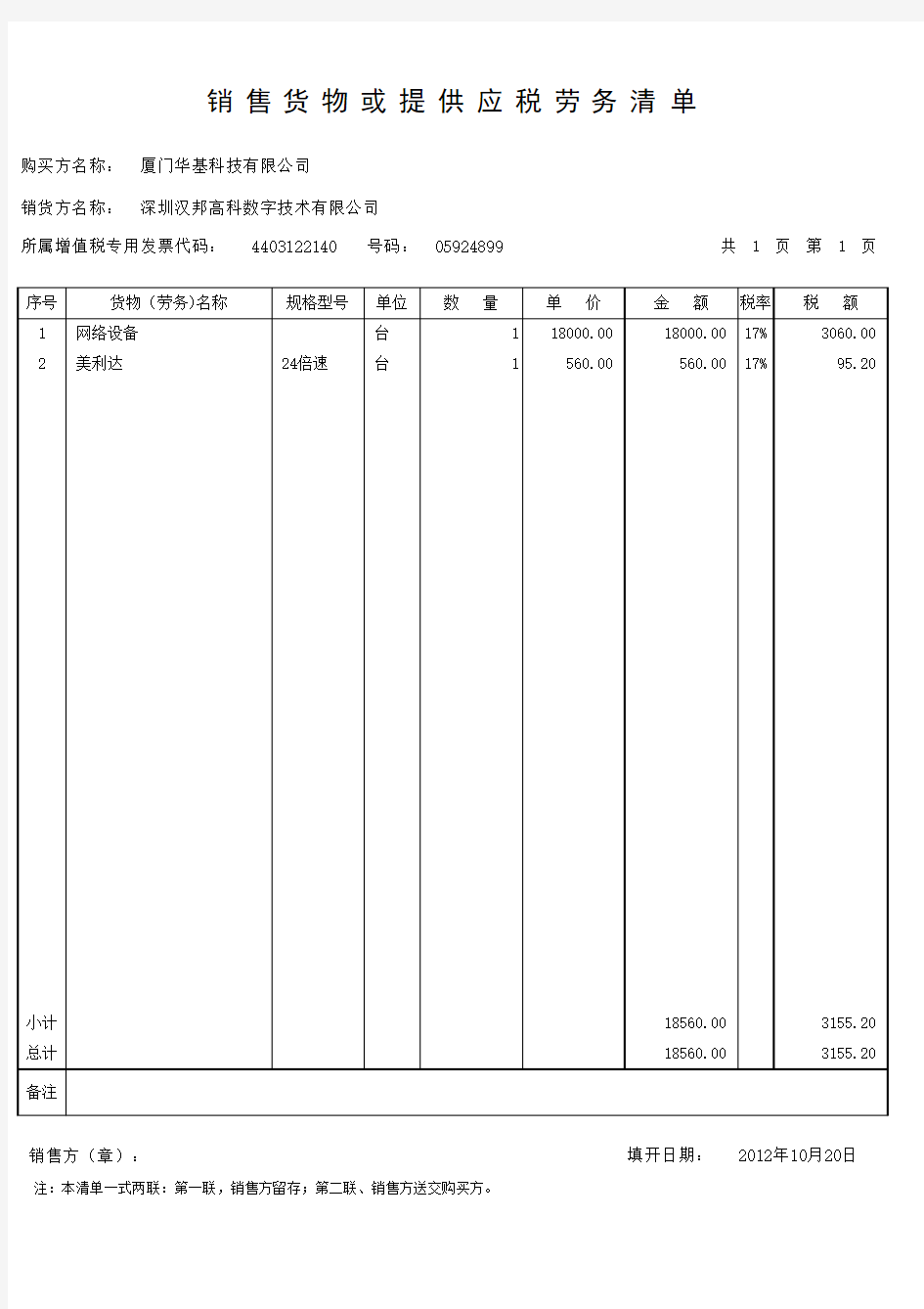 增值税销售货物或者提供应税劳务清单(标准模板)