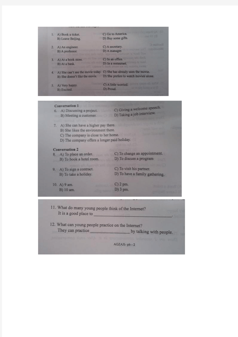 2012年12月英语A级真题及答案
