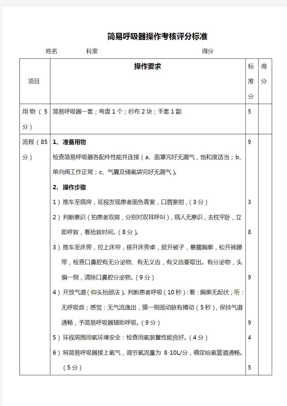 简易呼吸器操作考核评分标准