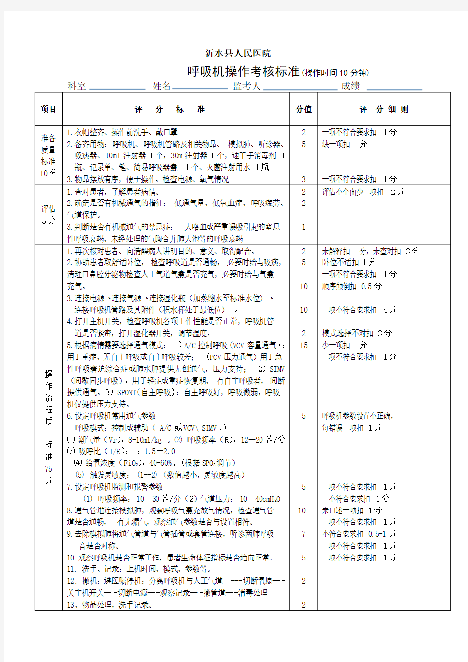 呼吸机操作考核标准