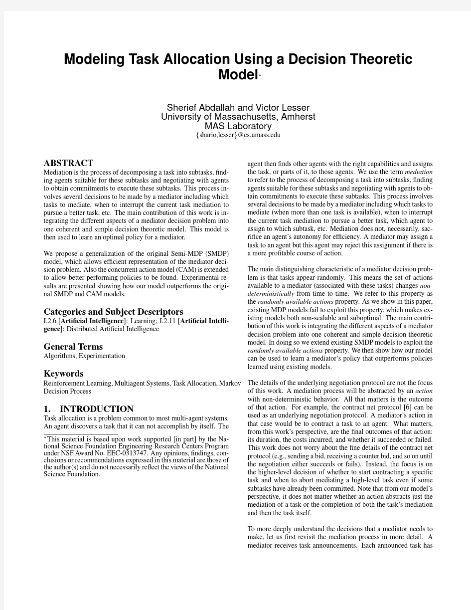 Modeling Task Allocation Using a Decision Theoretic Model