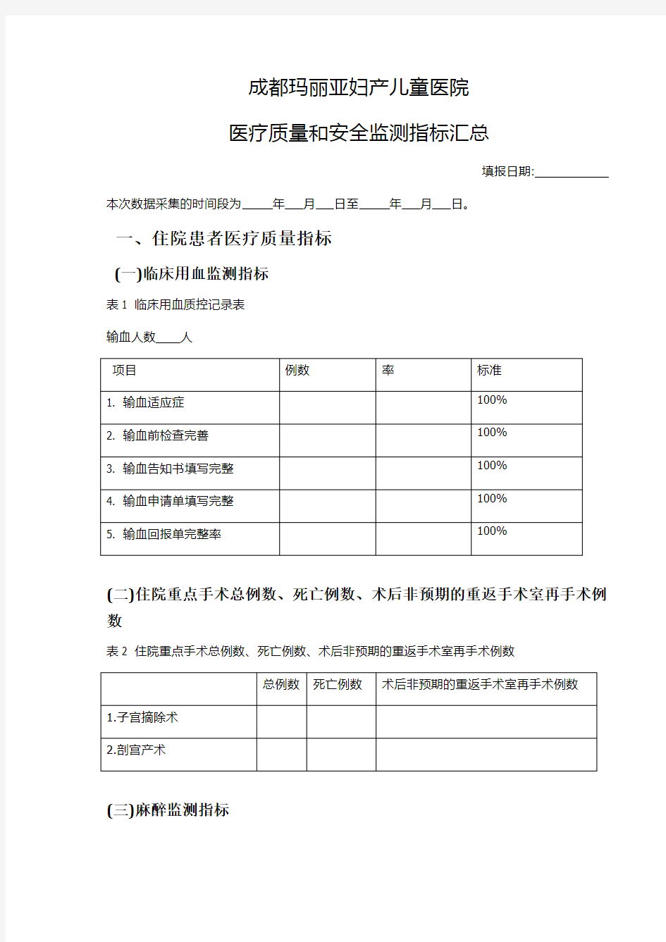 医疗质量和安全监测指标汇总表