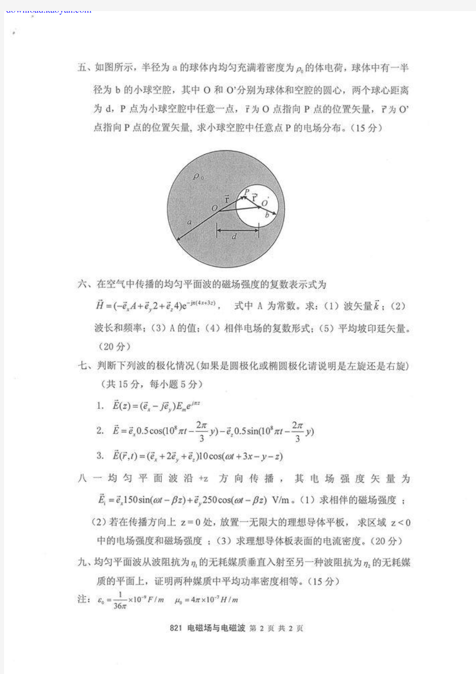 2011年南京理工大学821电磁场与电磁波考研试题