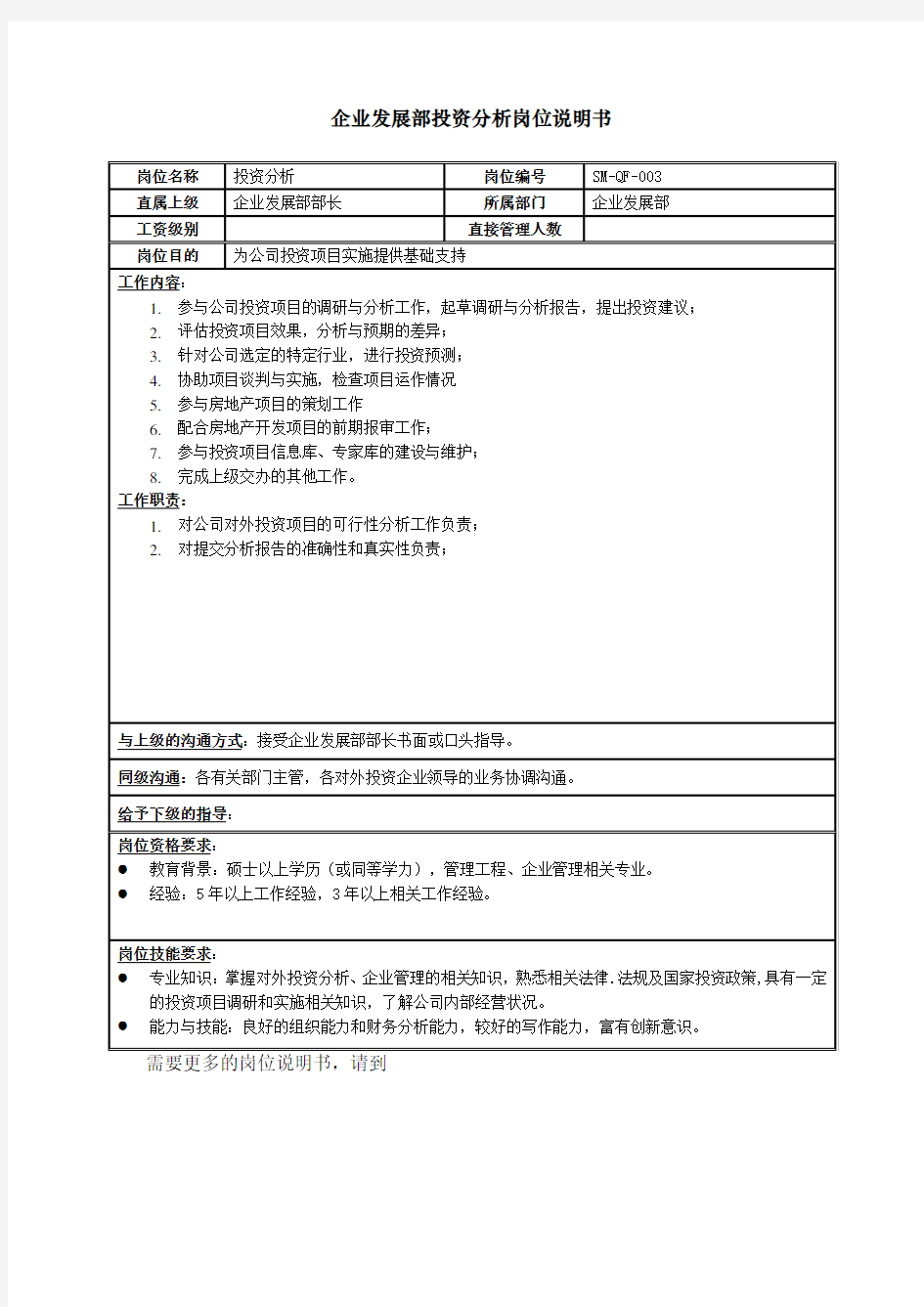 房地产行业企业发展部-投资分析岗位说明书