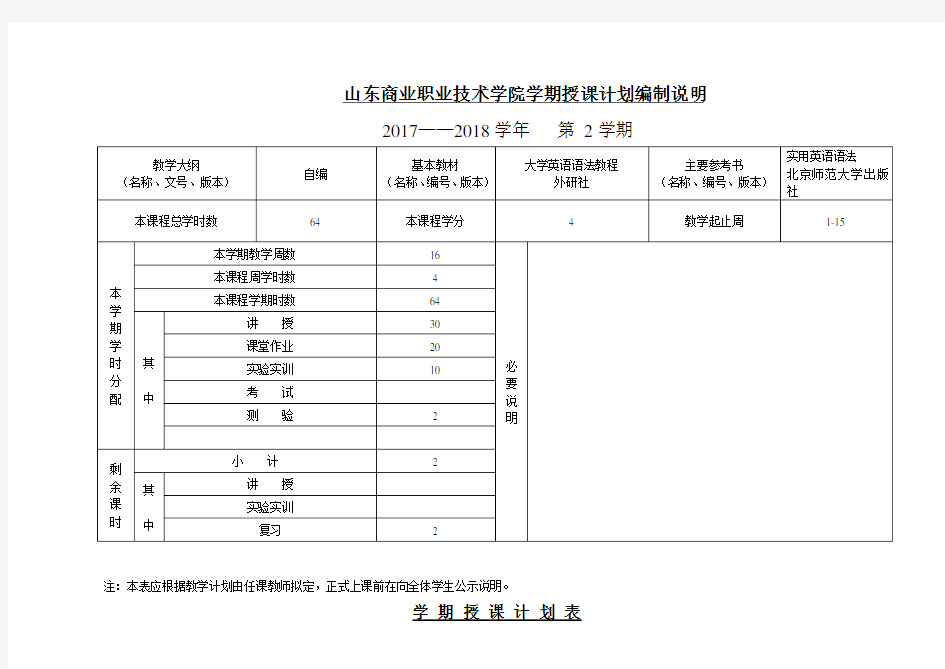 大学英语语法授课计划