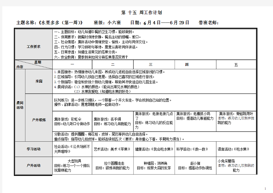 小六班第十五周周计划《水果多多(第一周)》