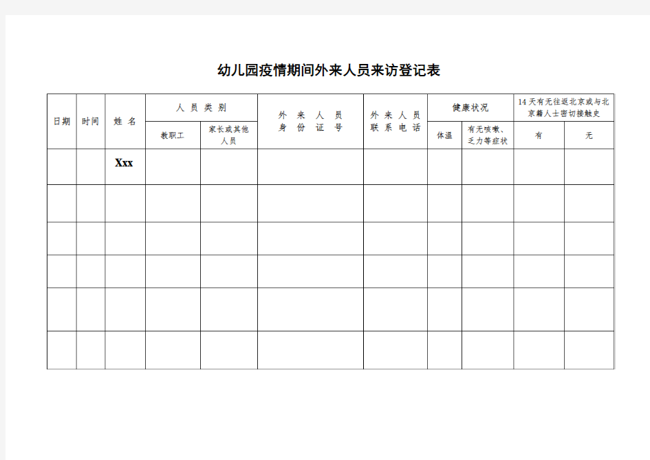 幼儿园疫情期间外来人员登记表-政府版