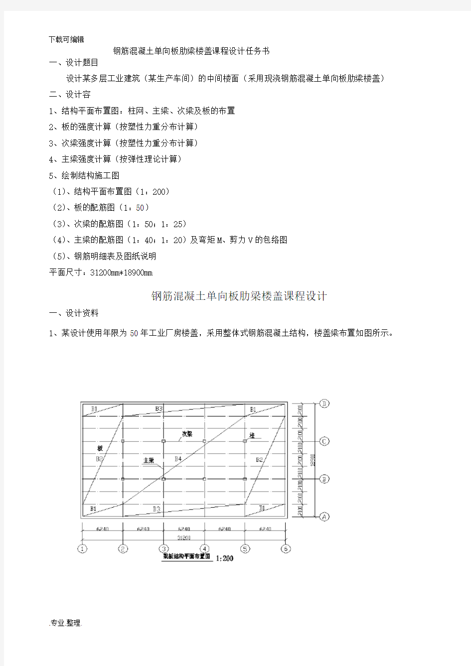 钢筋混凝土单向板肋梁楼盖课程设计报告书