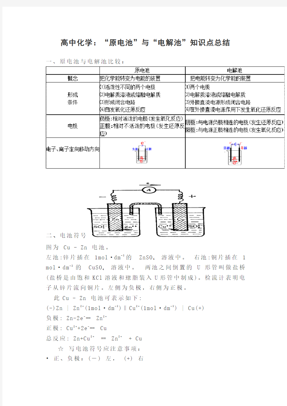 高中化学：“原电池”和“电解池”知识点总结