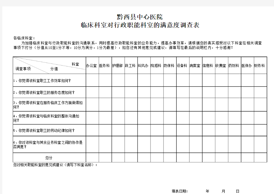 临床科室对行政职能科室的满意度调查表