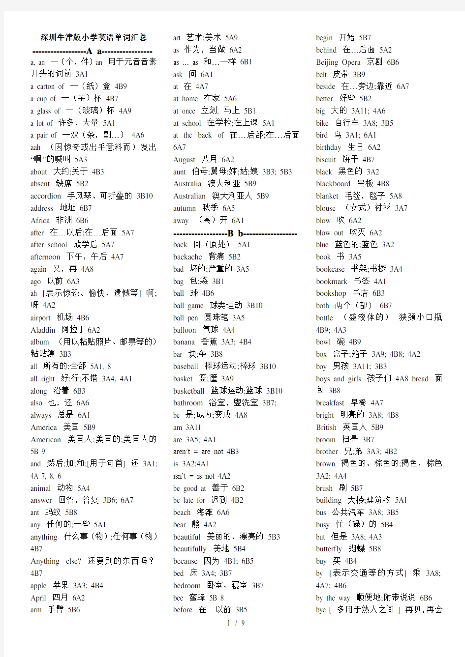 深圳牛津版小学英语单词汇总
