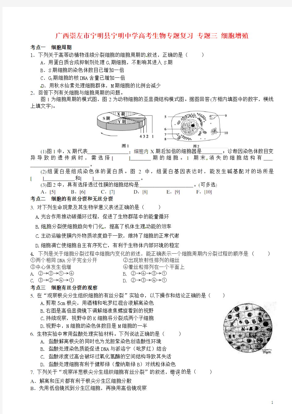 广西崇左市宁明县宁明中学高考生物专题复习 专题三 细胞增殖