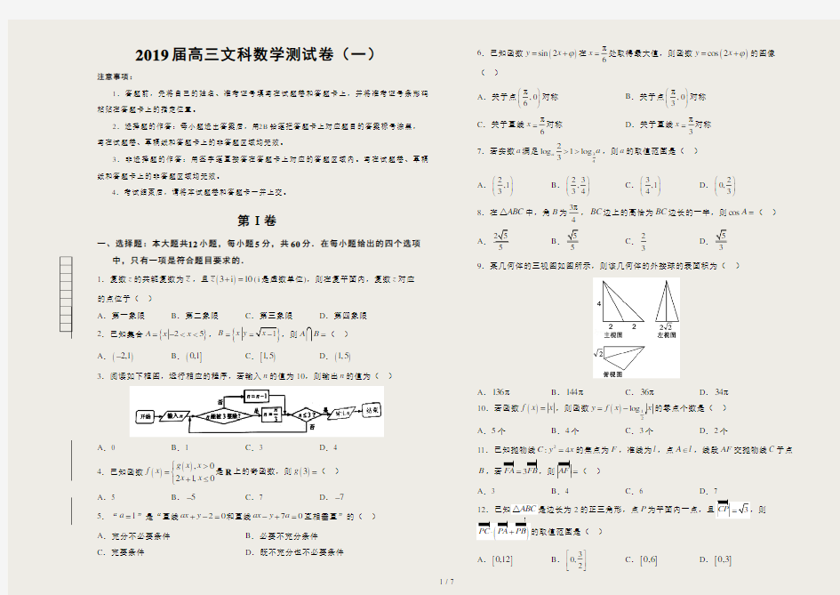 2019届高三文科数学测试卷(一)附答案