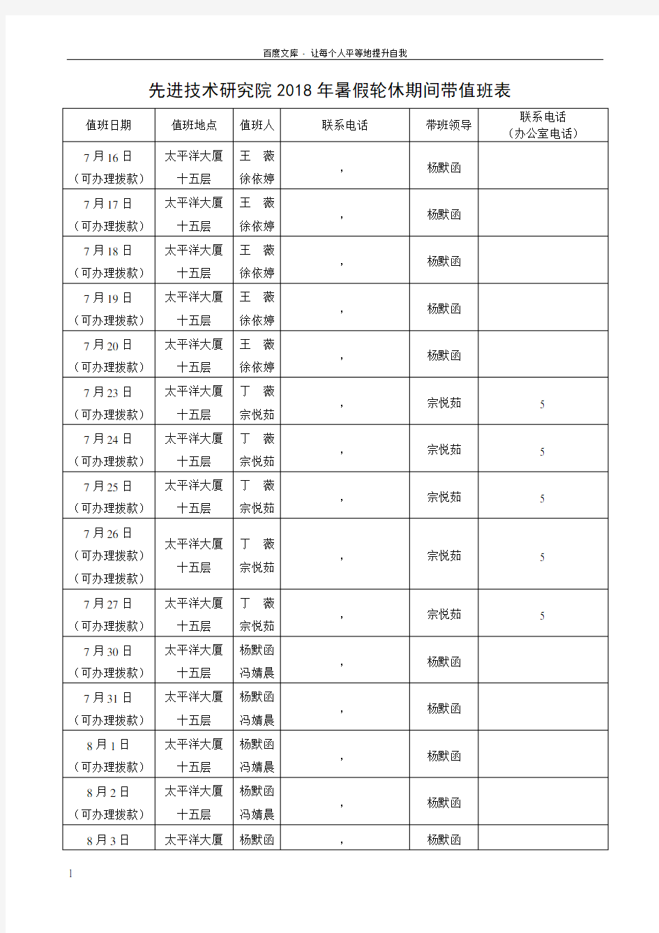 先进技术研究院2018年暑假轮休期间带值班表