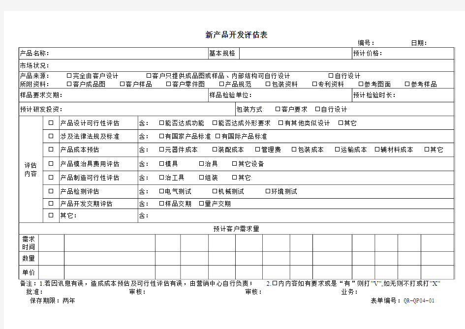 新产品开发评估表