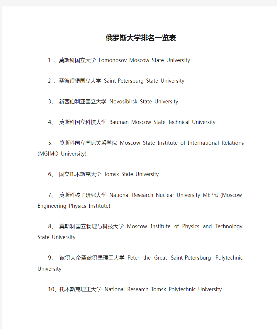 俄罗斯大学排名一览表