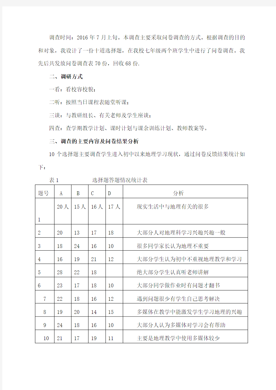 课题研究前期问卷分析报告