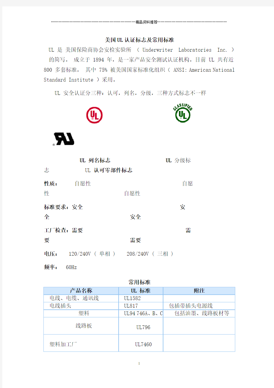 美国UL认证标志及常用标准1