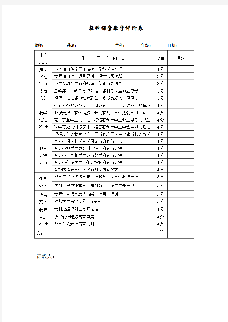 教师课堂教学评价表