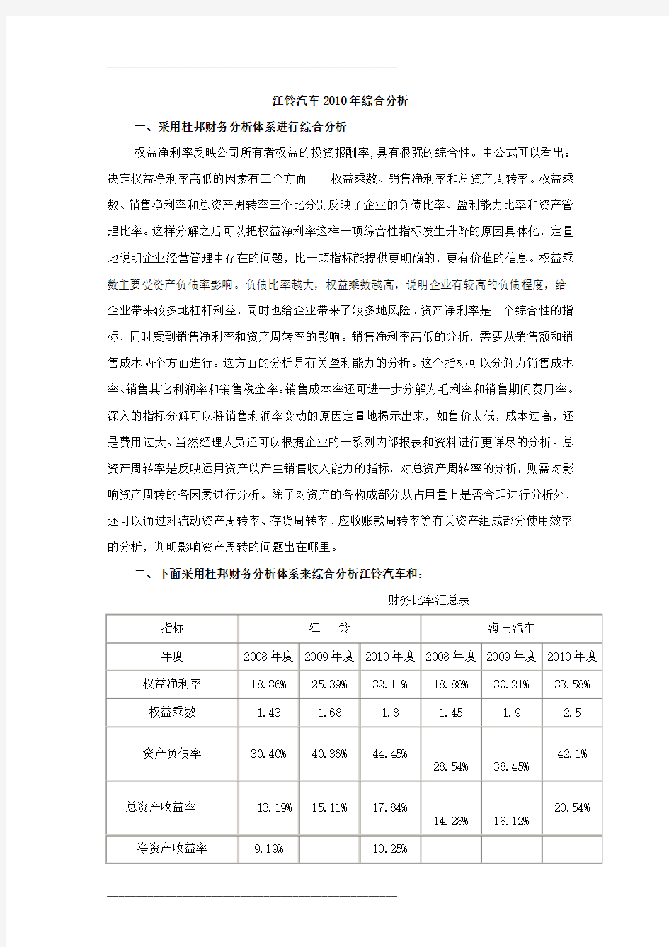 2021年2012年电大江铃汽车财务报表分析(整理