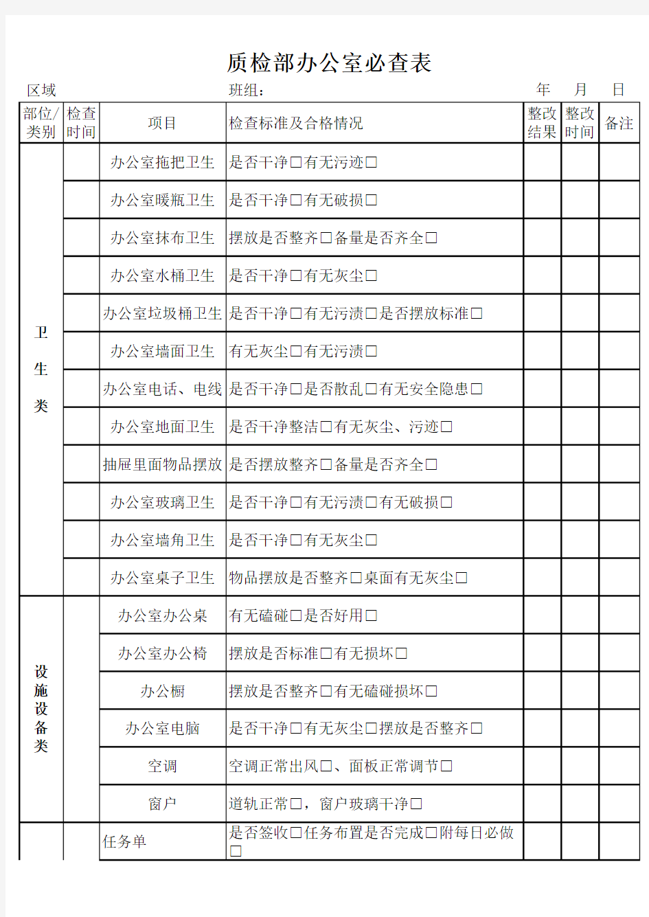 质检部办公室必查表