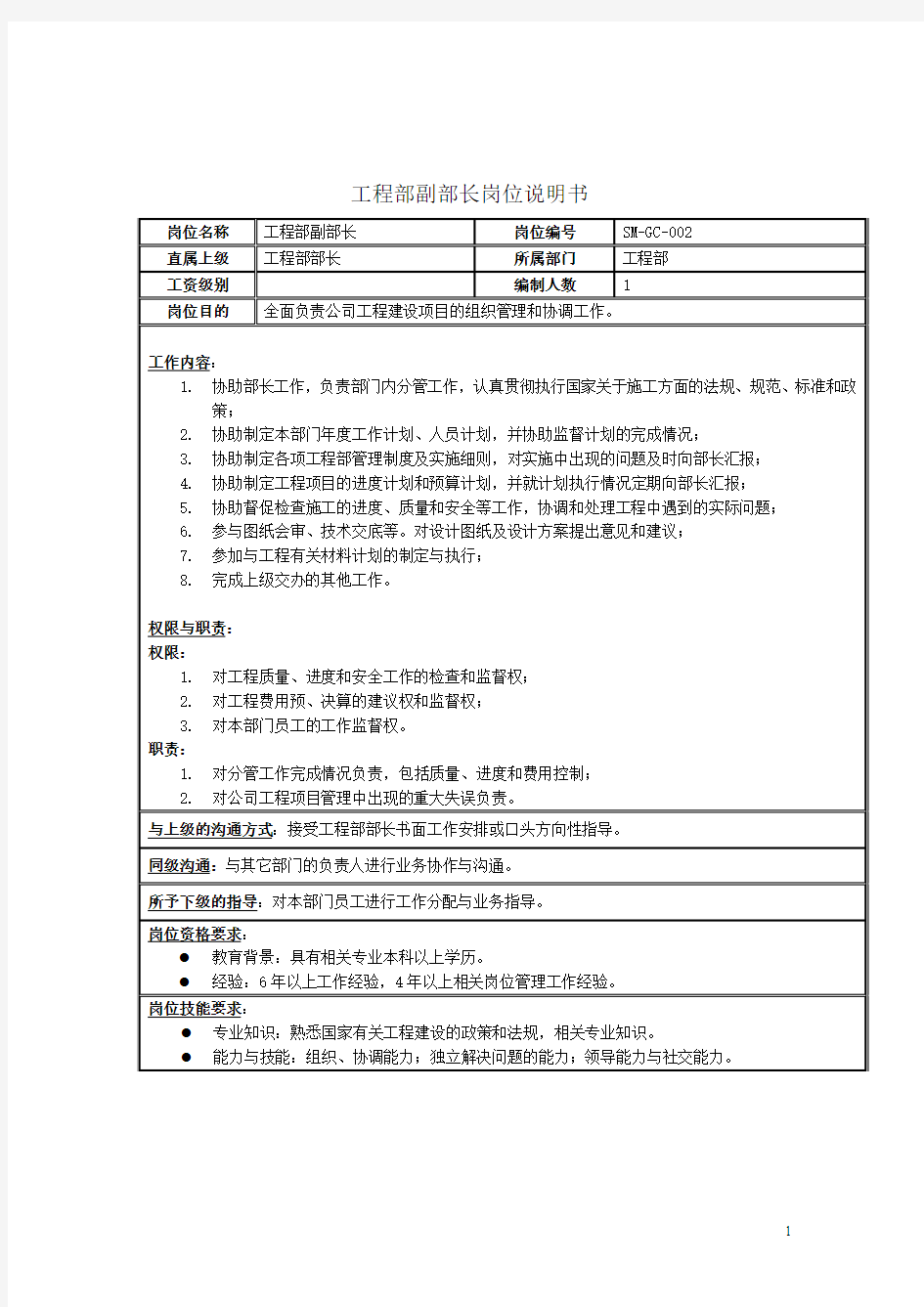 工程部副部长岗位职责说明书