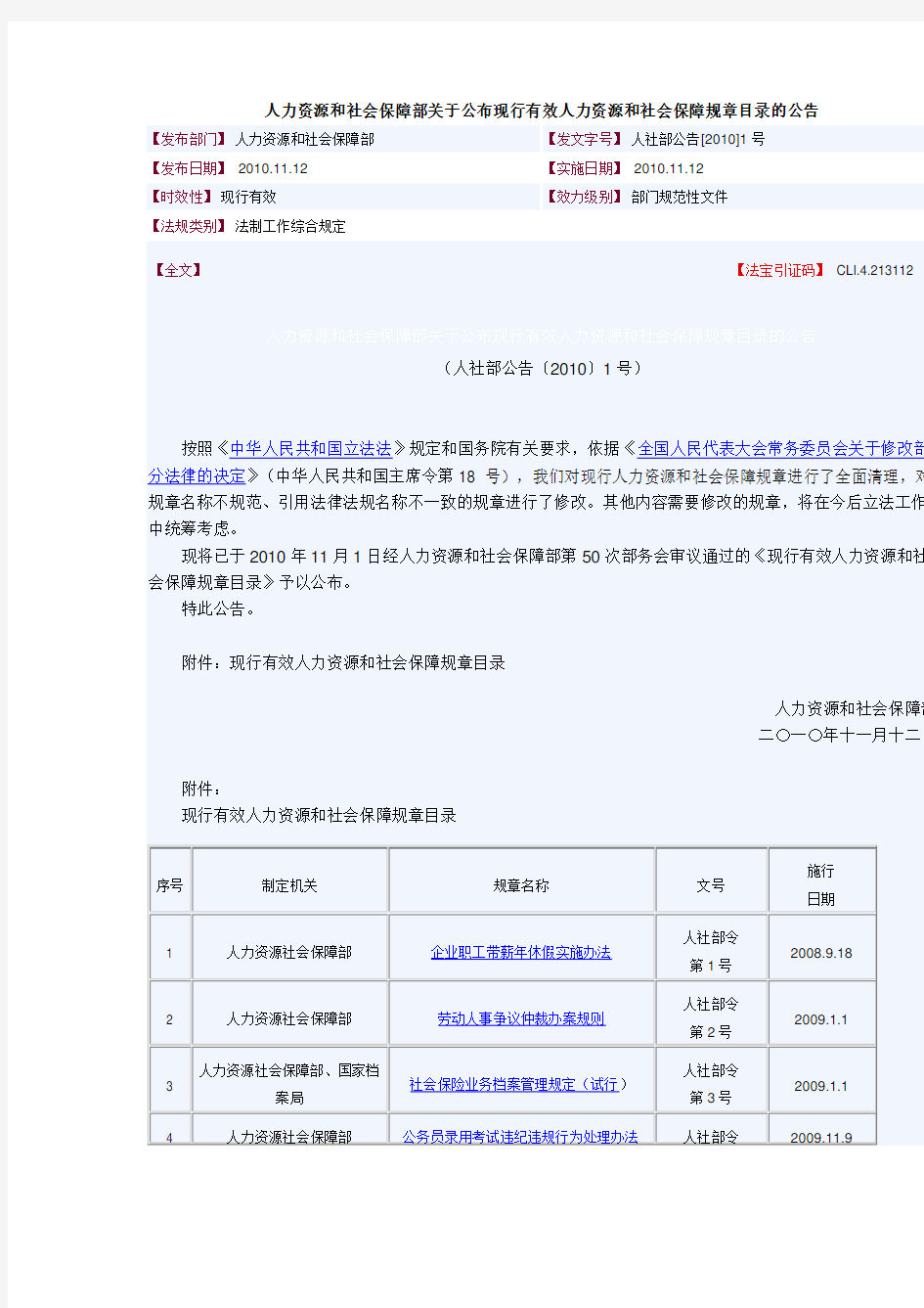 人力资源和社会保障部关于公布现行有效人力资源和社会保障规章目录的公告