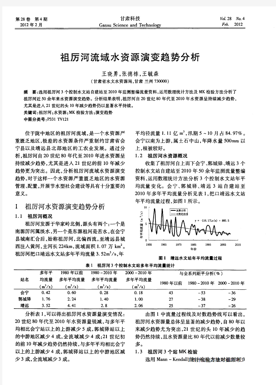 祖厉河流域水资源演变趋势分析