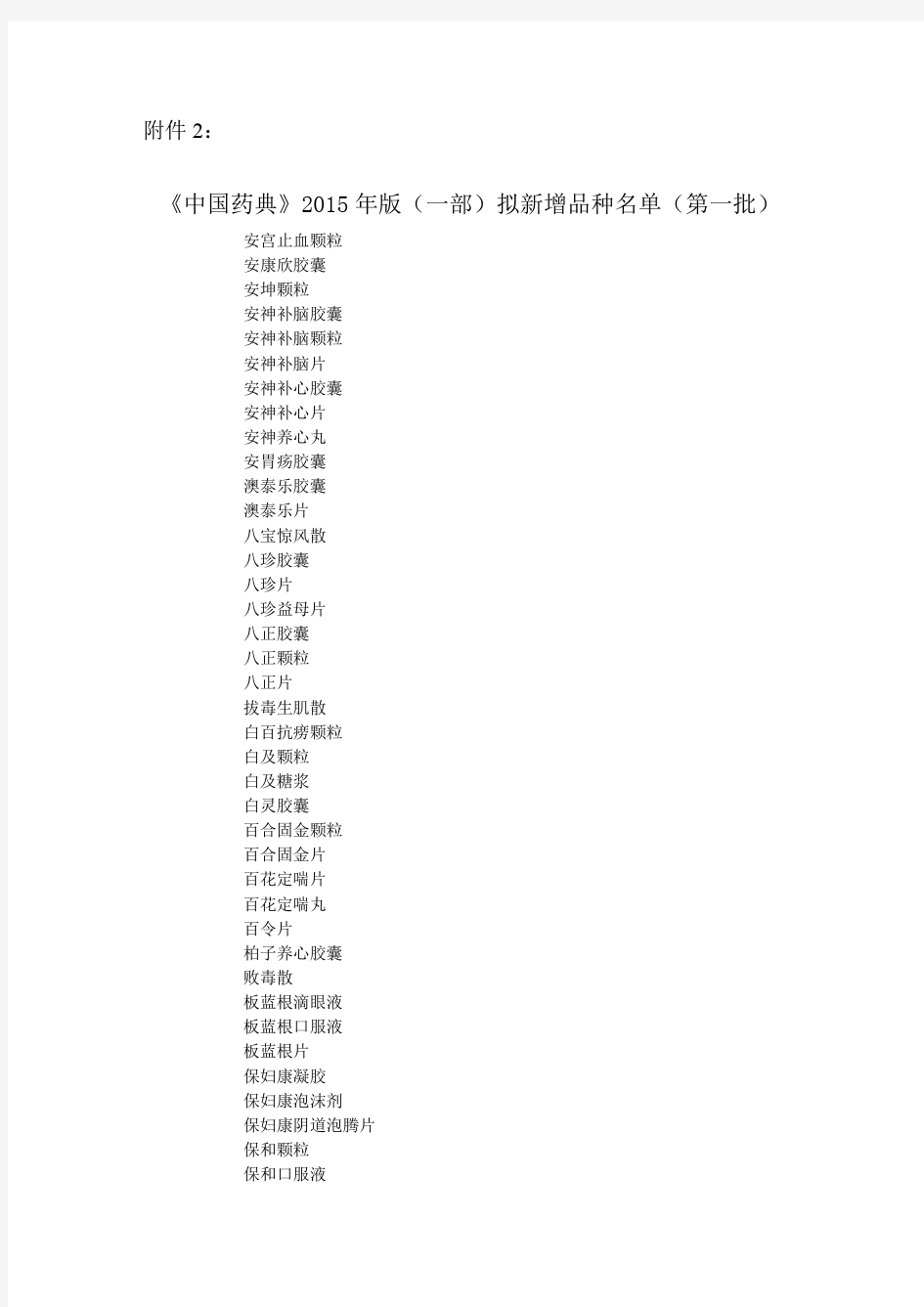 中国药典2015年版拟新增品种名单