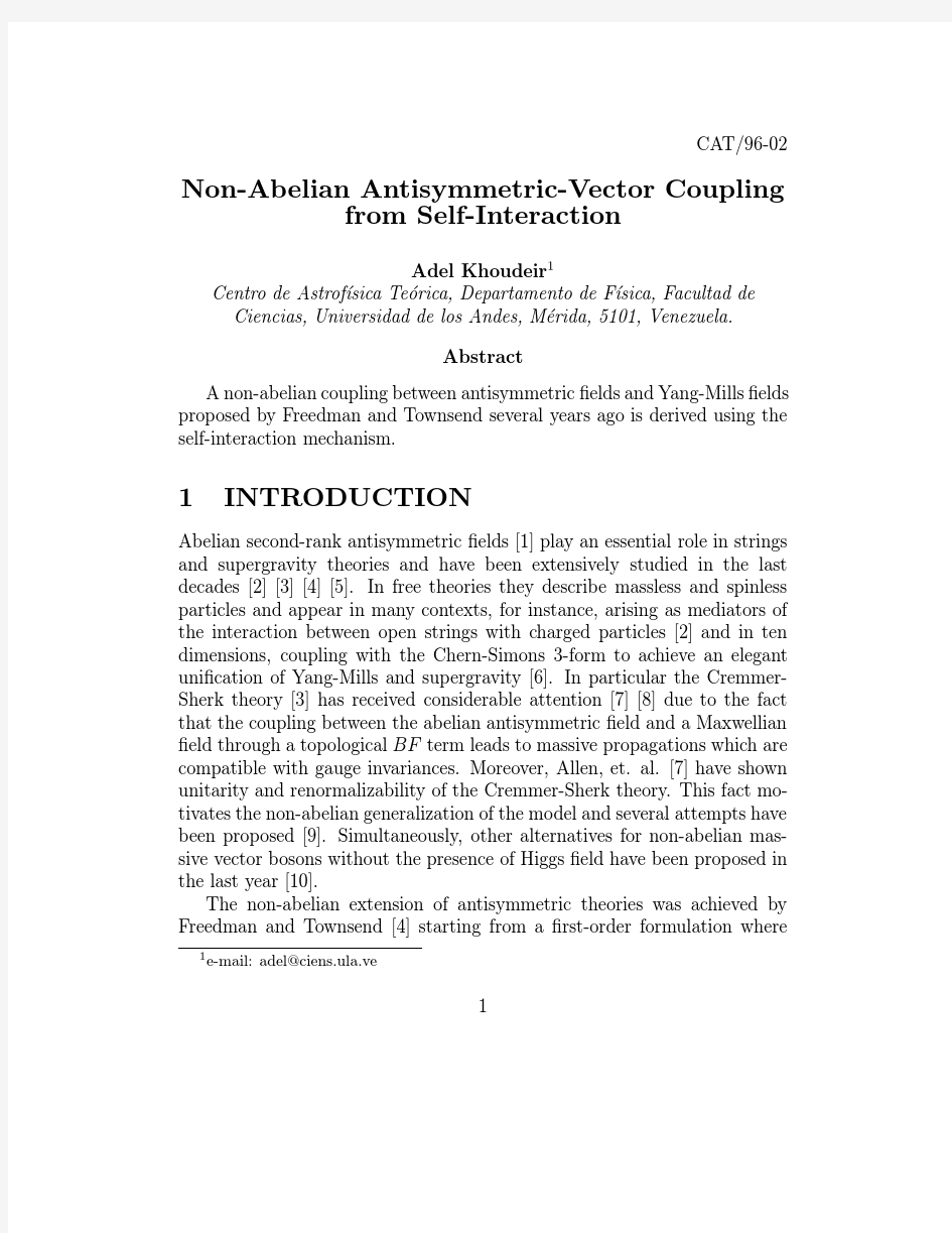 CAT96-02 Non-Abelian Antisymmetric-Vector Coupling from Self-Interaction