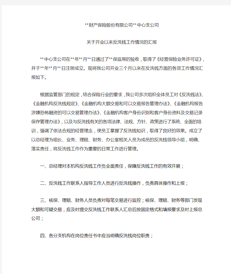 财产保险公司反洗钱工作汇报