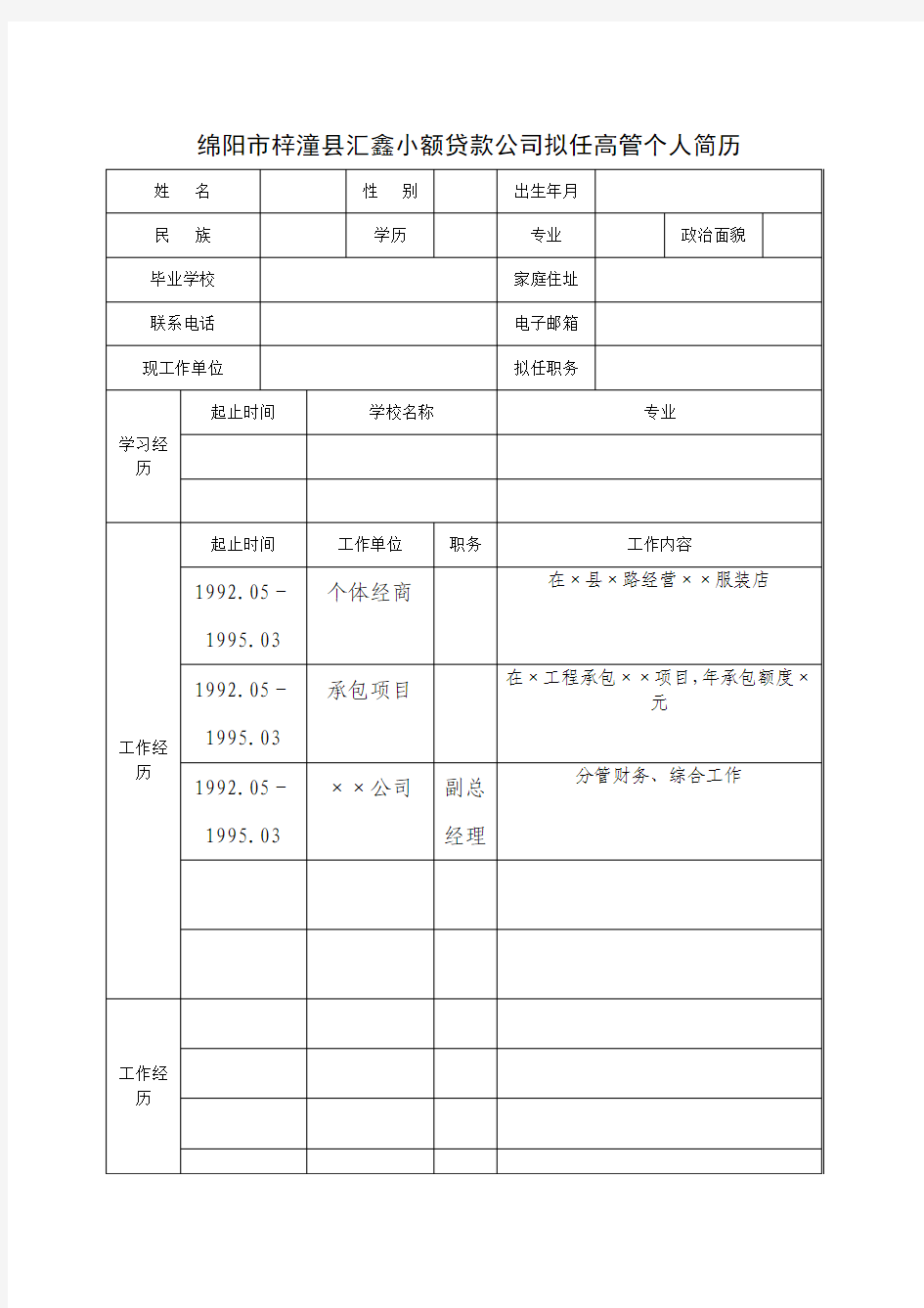 小额贷款公司高管个人简历