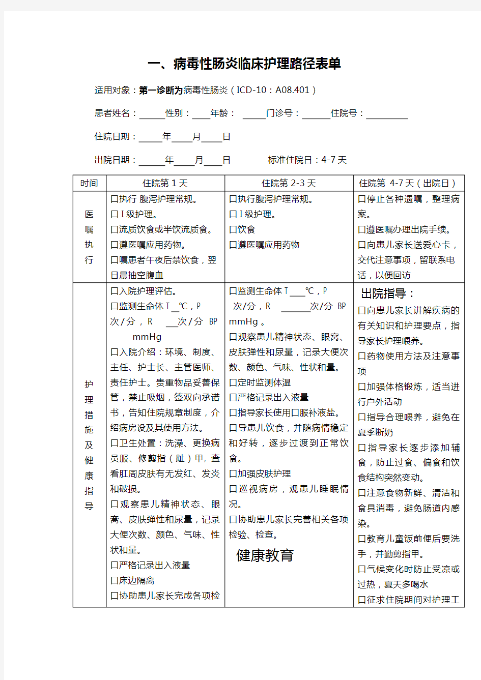 临床护理路径表单教学内容