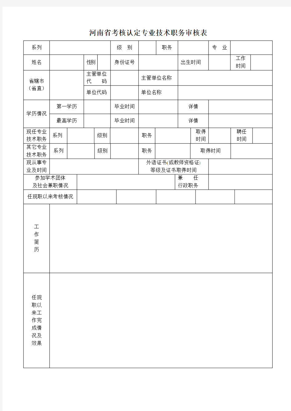 河南考核认定专业技术职务审核表