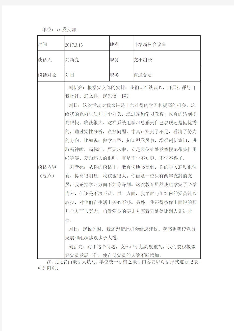 党员谈心谈话记录