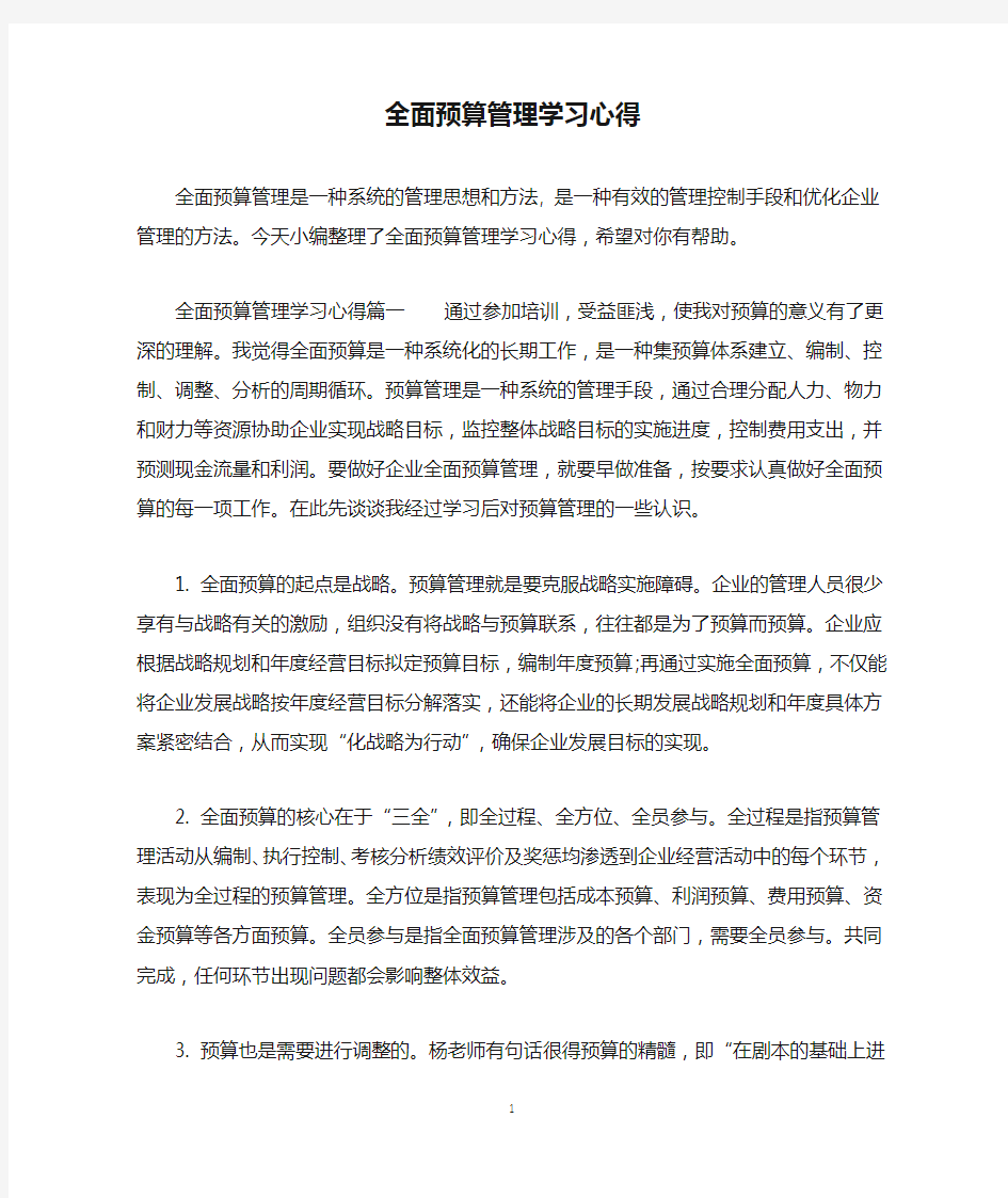 全面预算管理学习心得