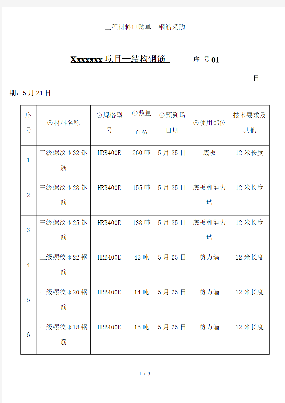 工程材料申购单 -钢筋采购