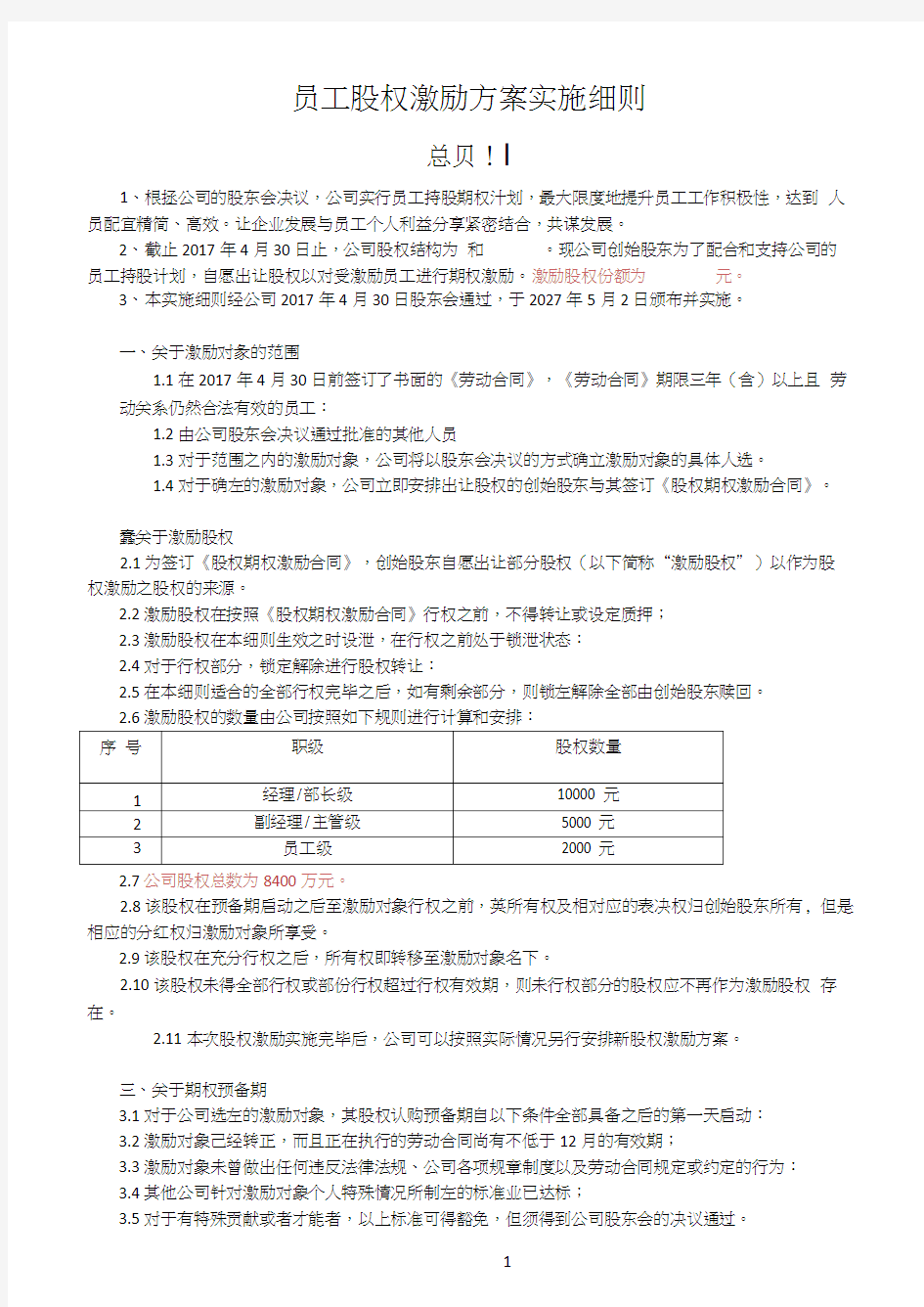 2017员工股权激励方案细则