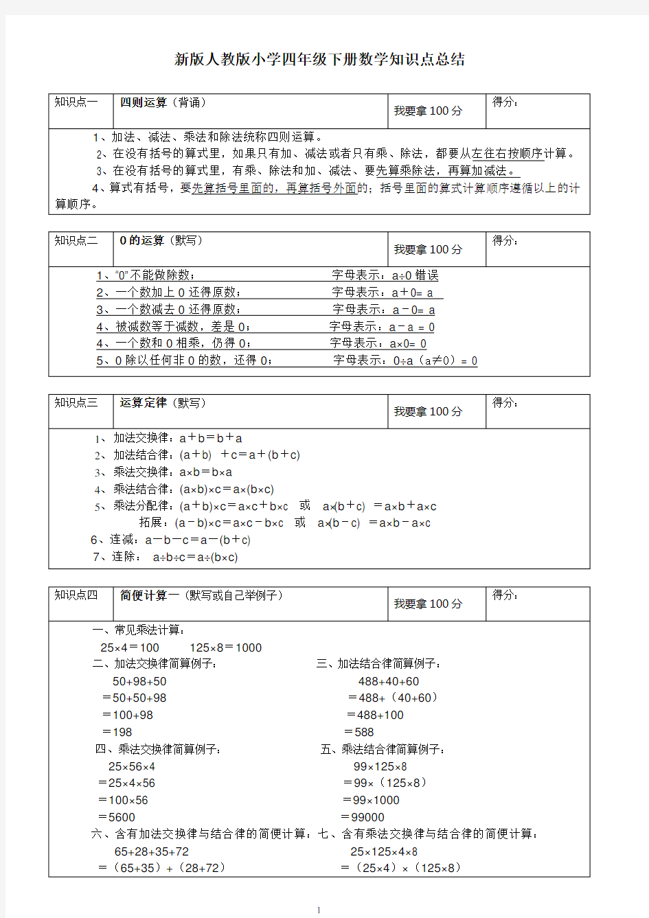 新版人教版小学四年级下册数学知识点总结