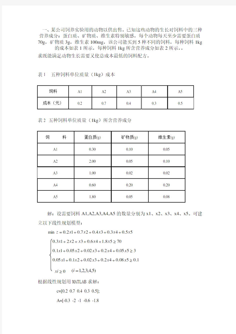 数学建模  食谱问题