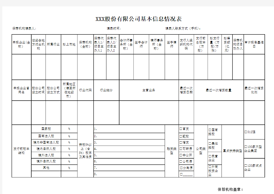 ☆XXX股份有限公司基本信息情况表