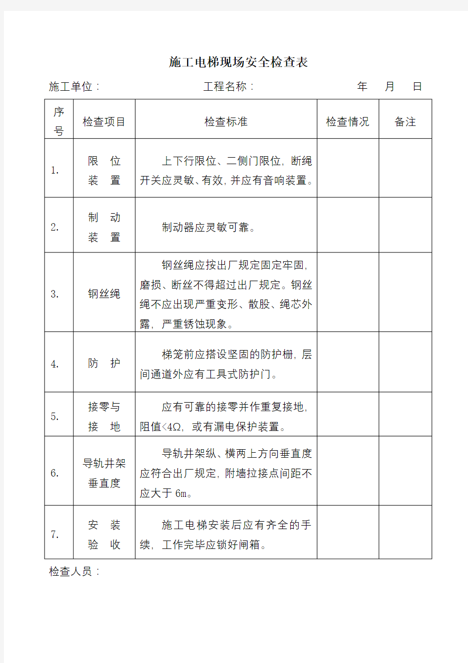 施工电梯现场安全检查表