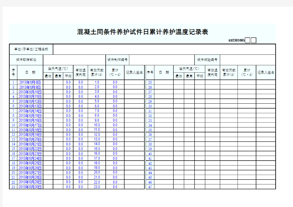 混凝土同条件养护试件日累计养护温度记录表GD2301065