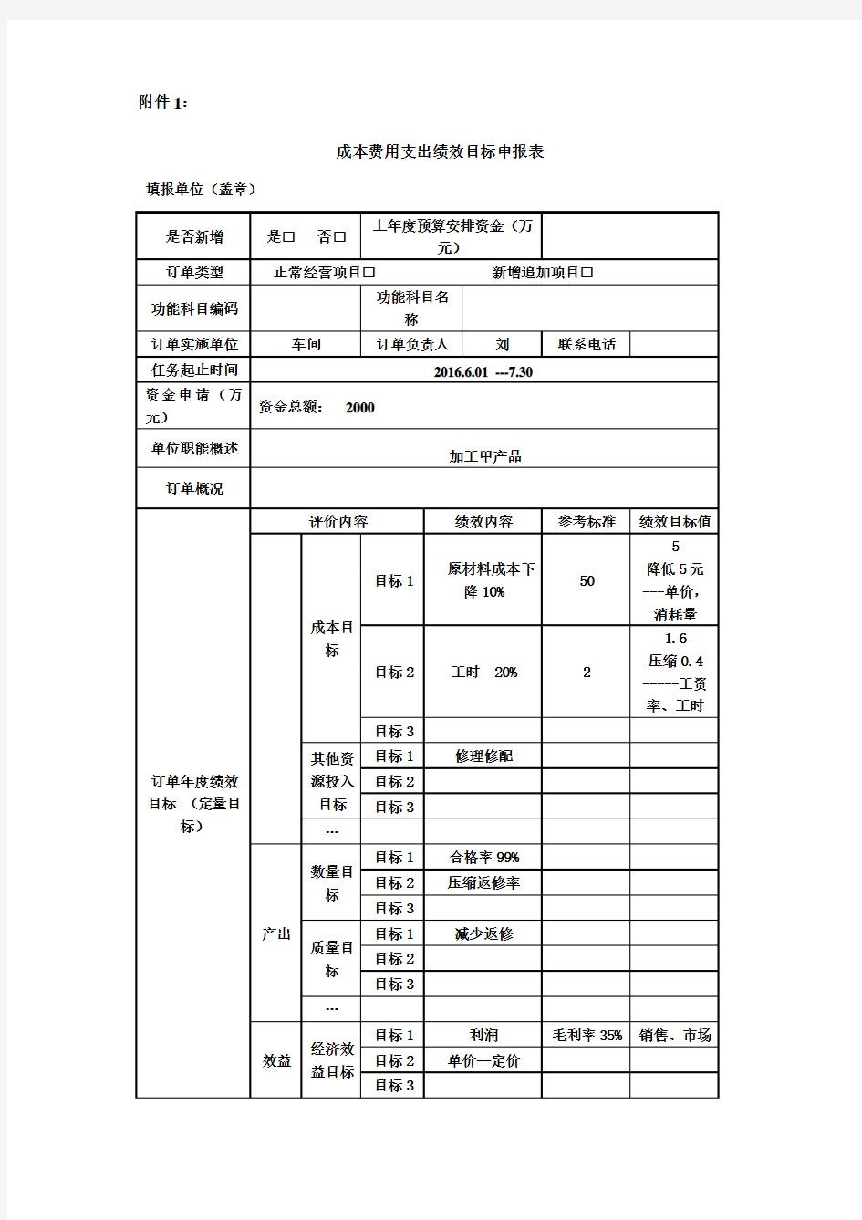 预算项目绩效目标申报表(范本)