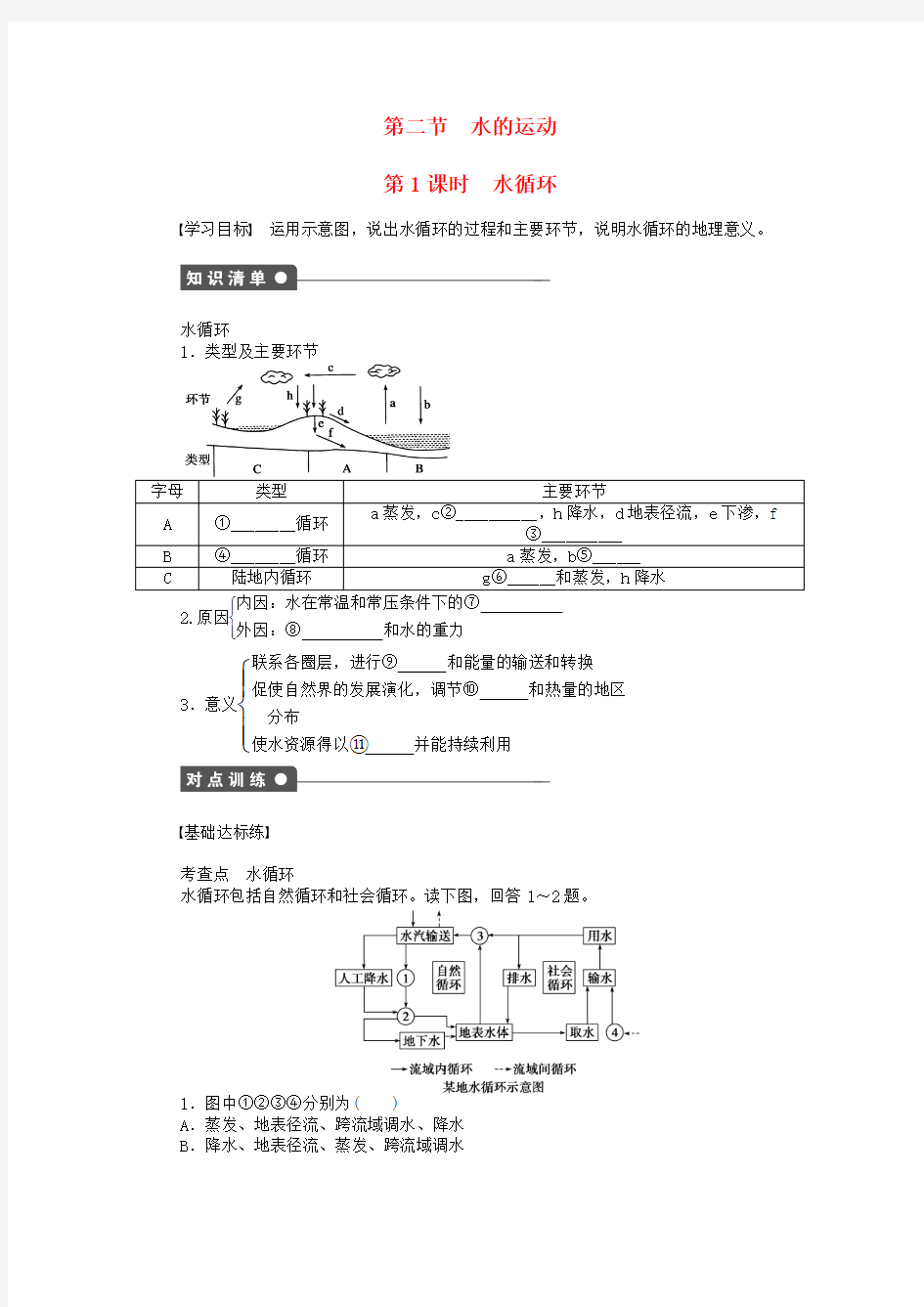 2016-2017学年高中地理 第二章 第二节 水的运动(第1课时)课时作业 中图版必修1