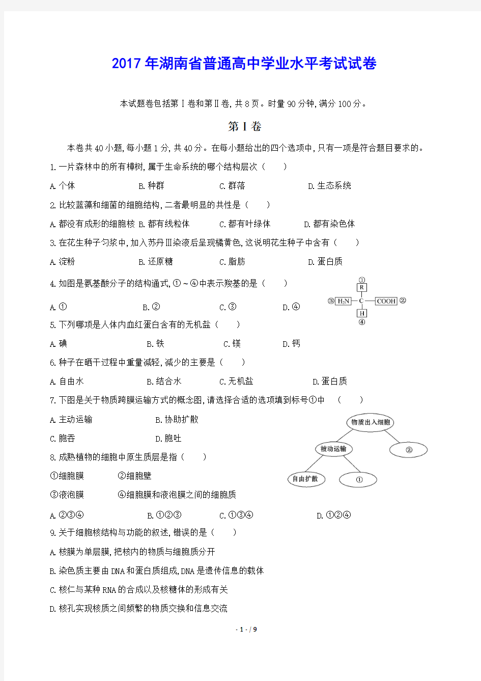 (完整版)2017年湖南省学业水平考试试卷(纯版含答案)