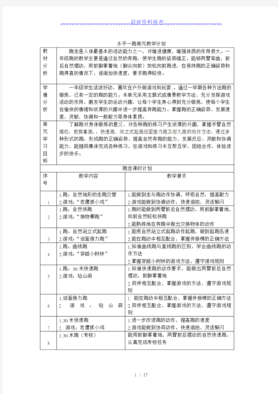 水平一跑单元教学计划